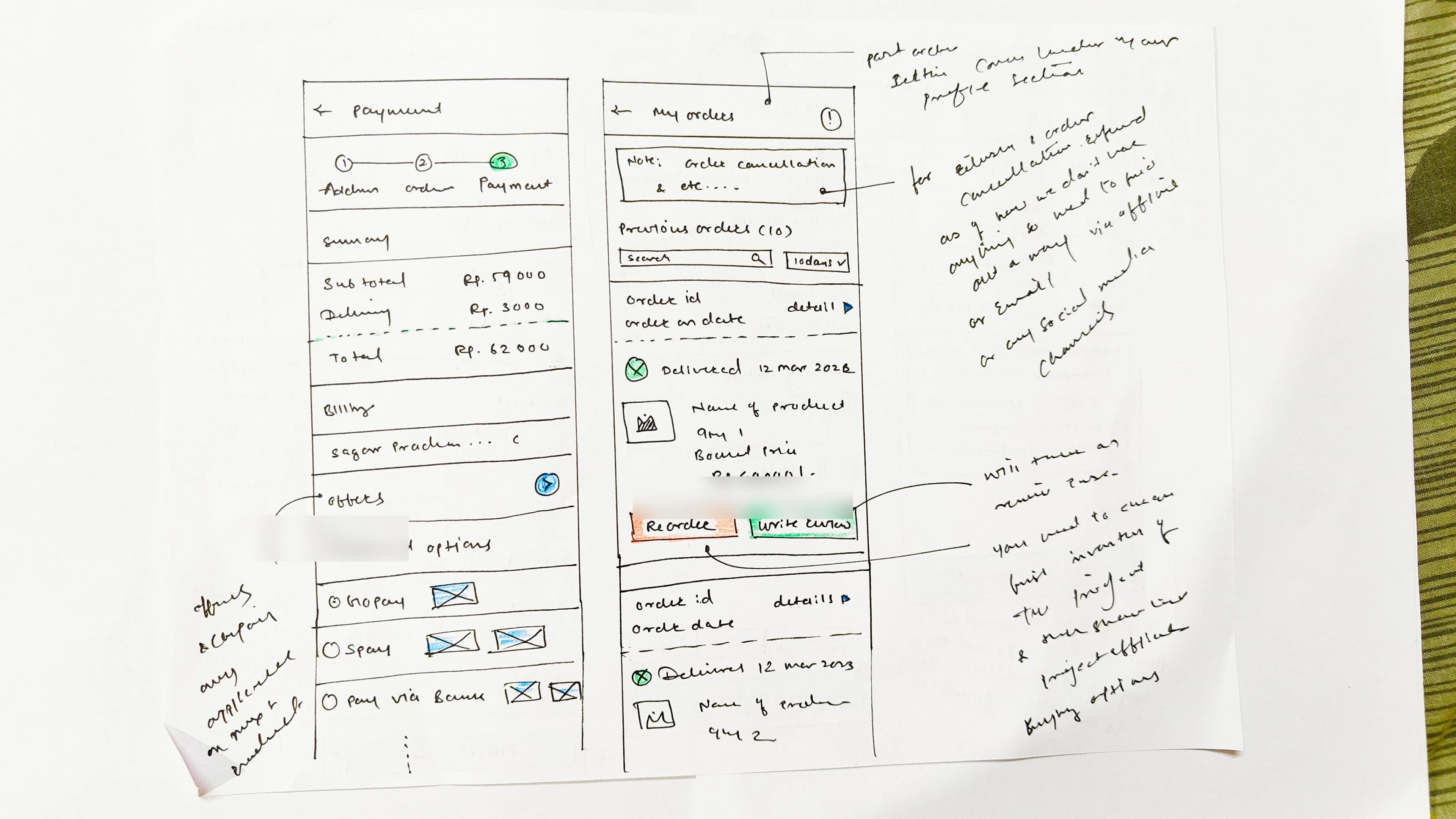 Paper sketches of payment and order history screens