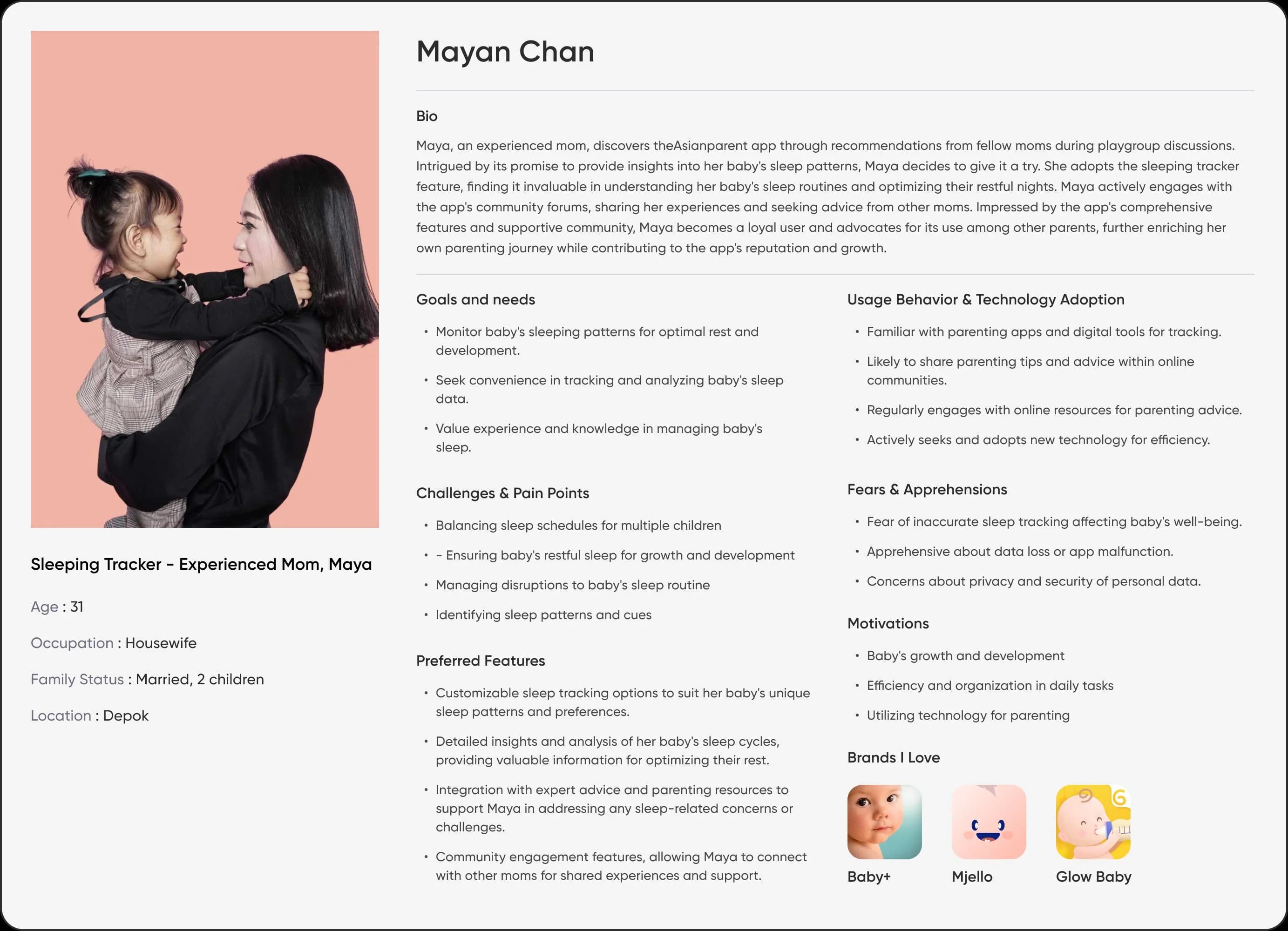 Persona card for Mayan Chan, Experienced Mom