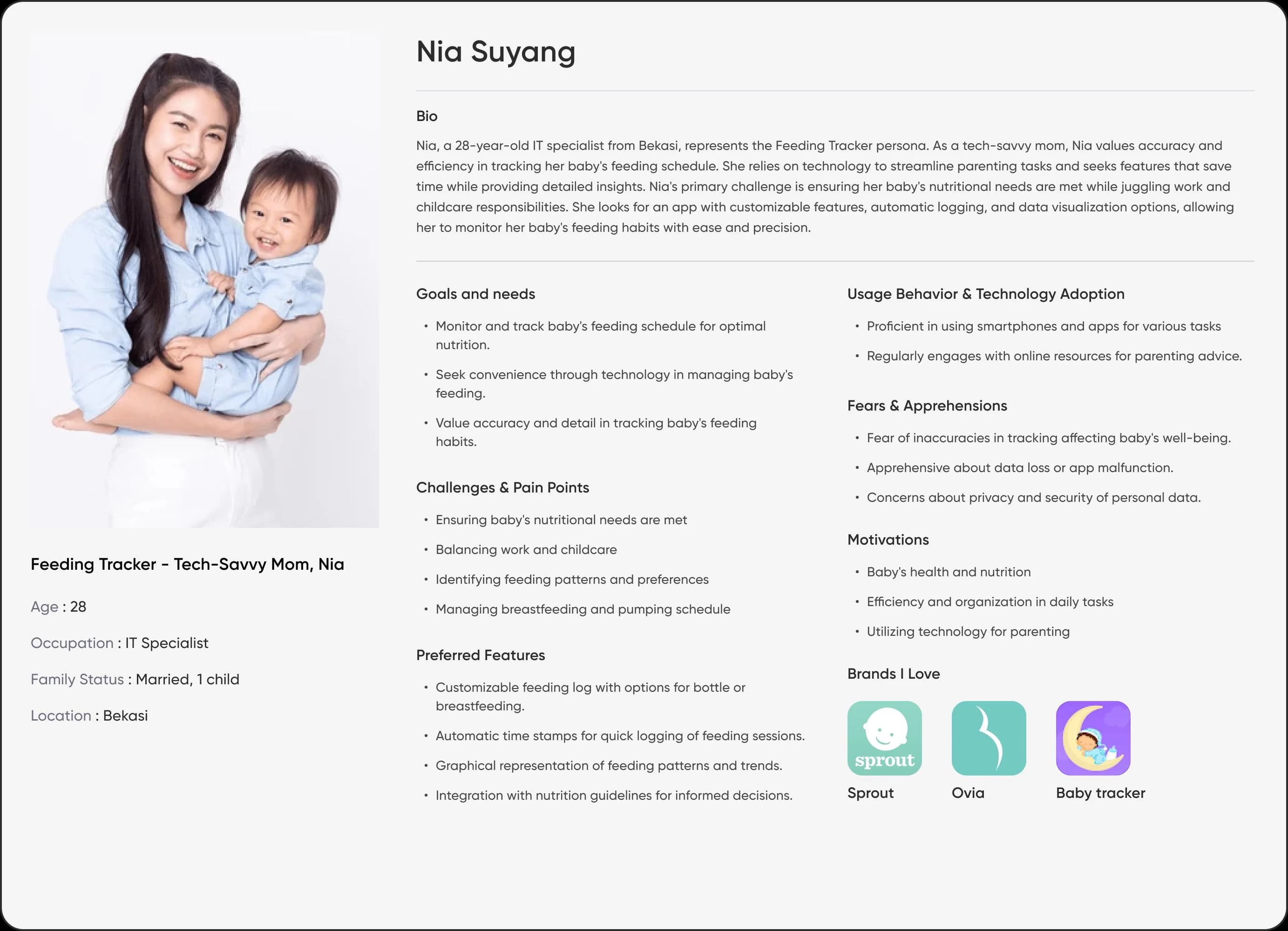 Persona card for Nia Suyang, Tech-Savvy Mom