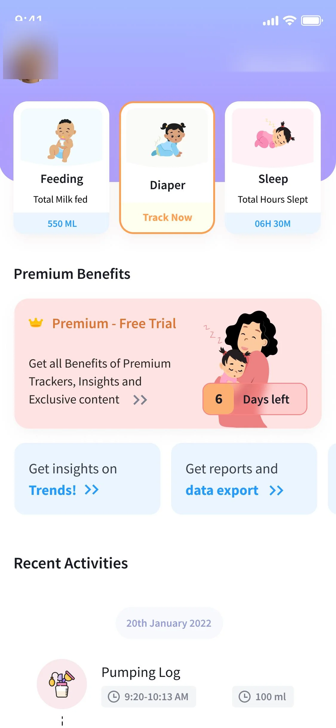 Baby Care Trackers home screen showing feeding, sleep, diaper and growth cards