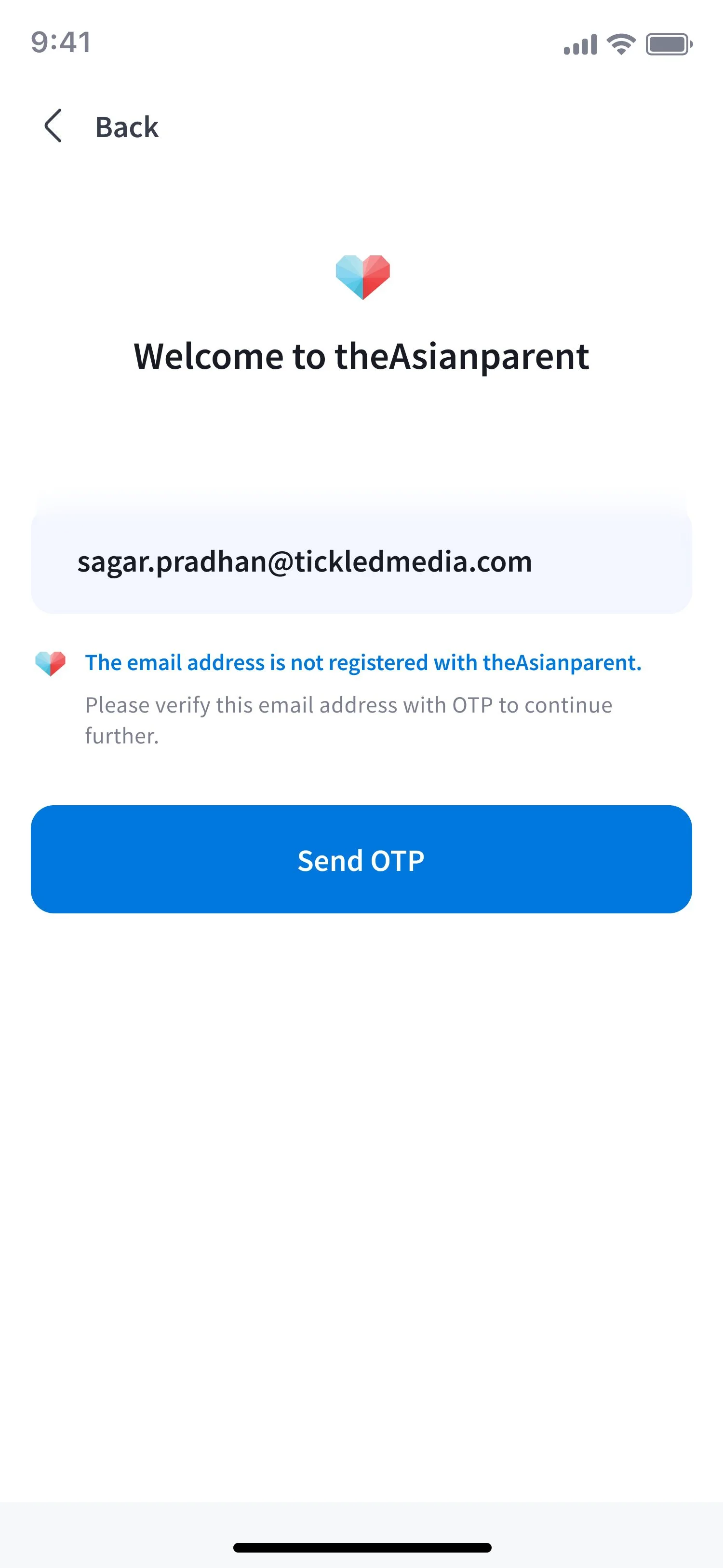 App email not registered error screen