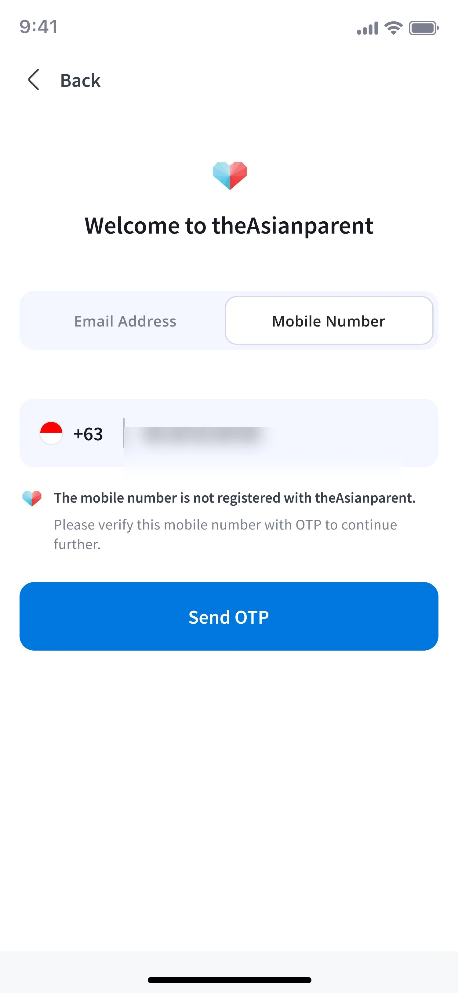 App screen sending OTP to mobile number