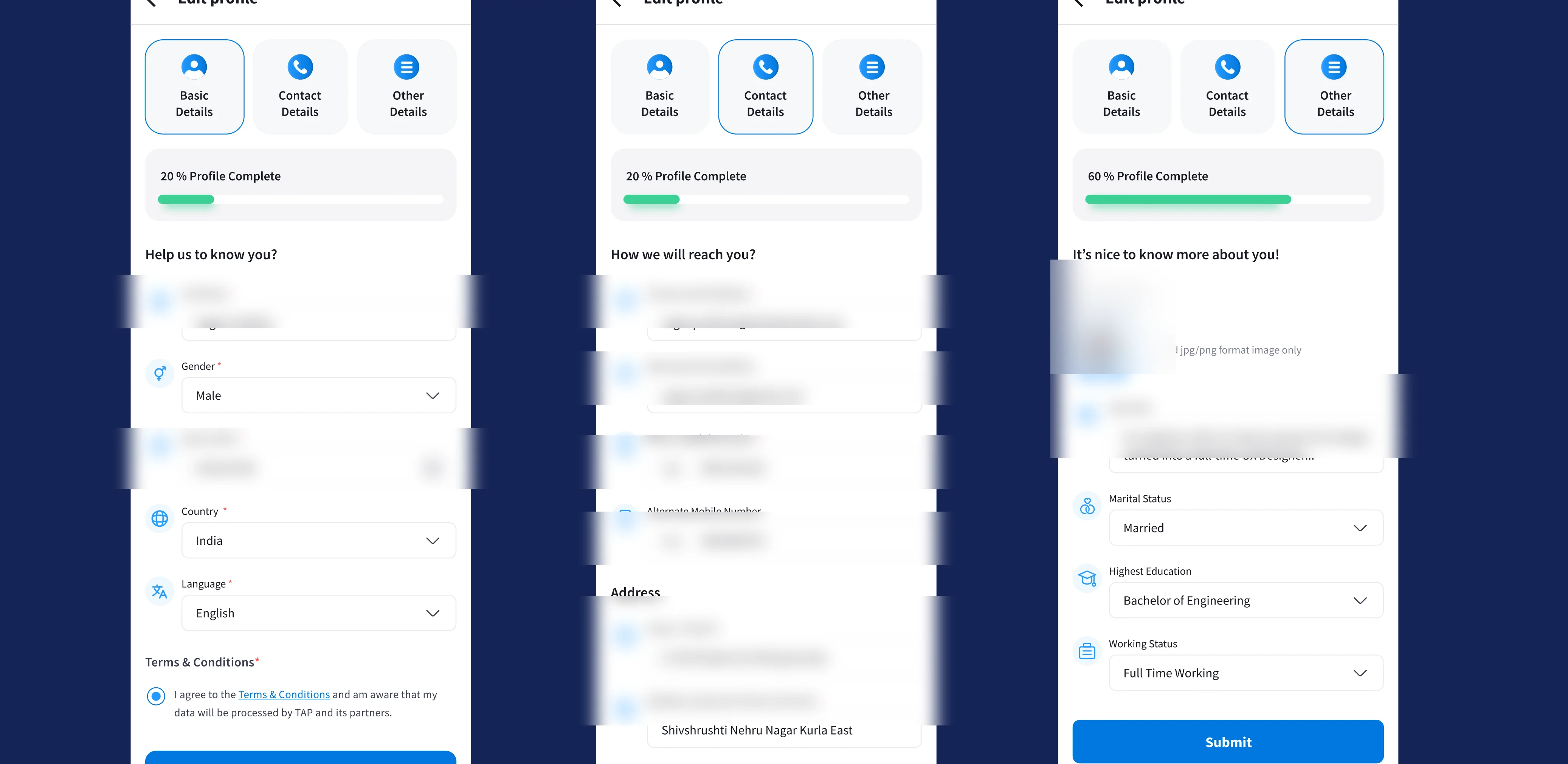 Edit profile screens for basic, contact and other details