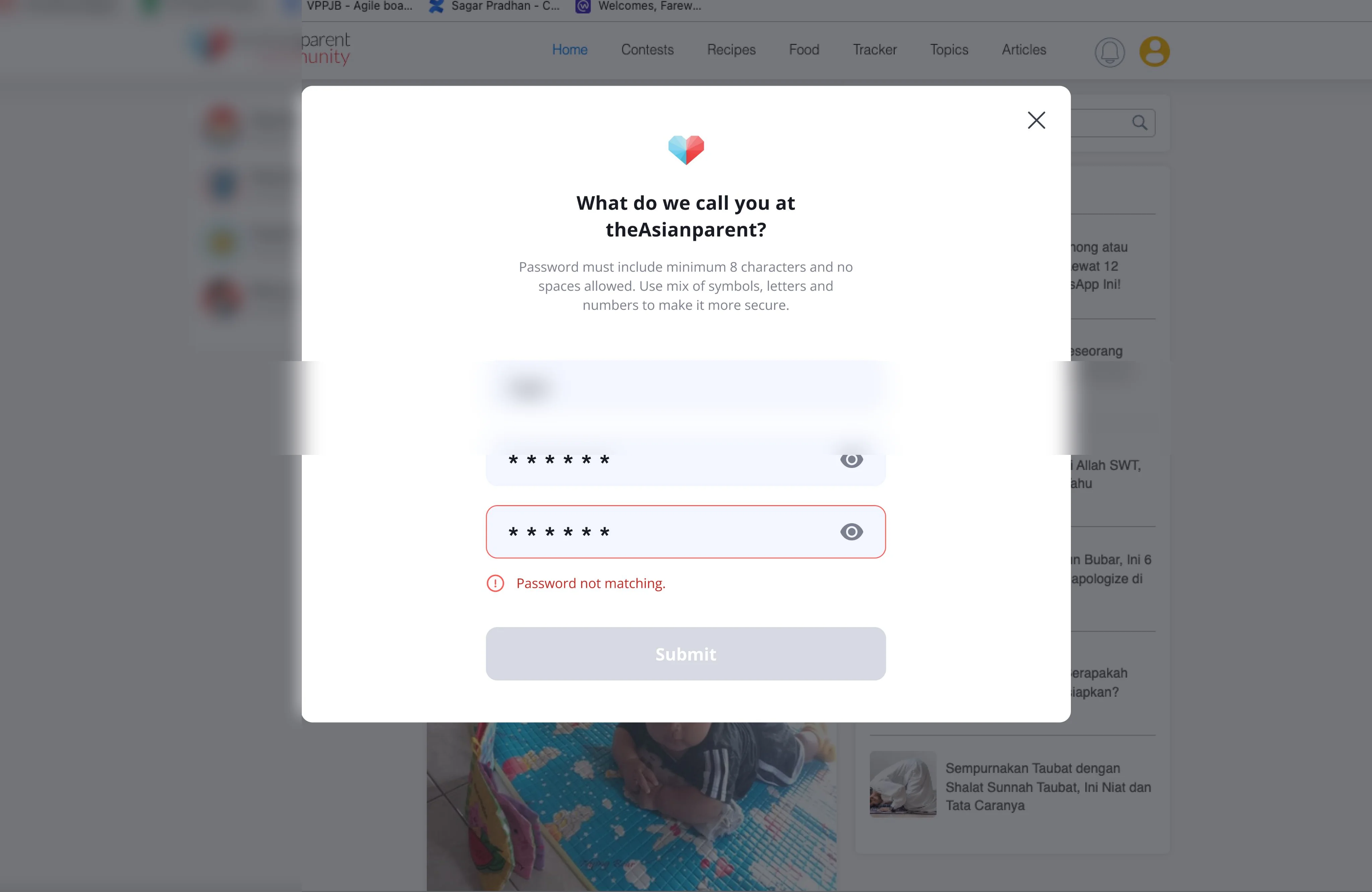 Web profile name and password modal
