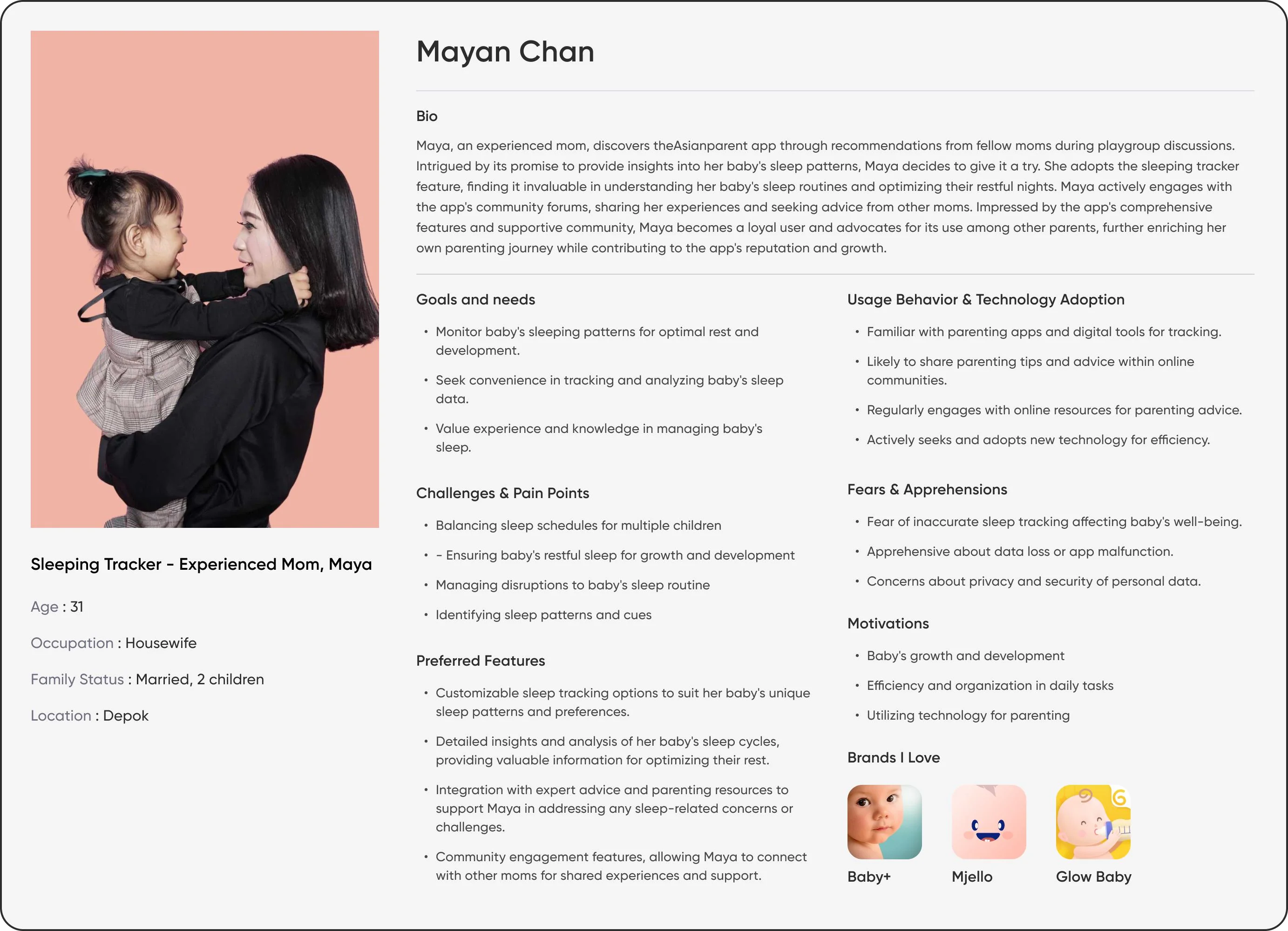 Persona card for Mayan Chan, Experienced Mom