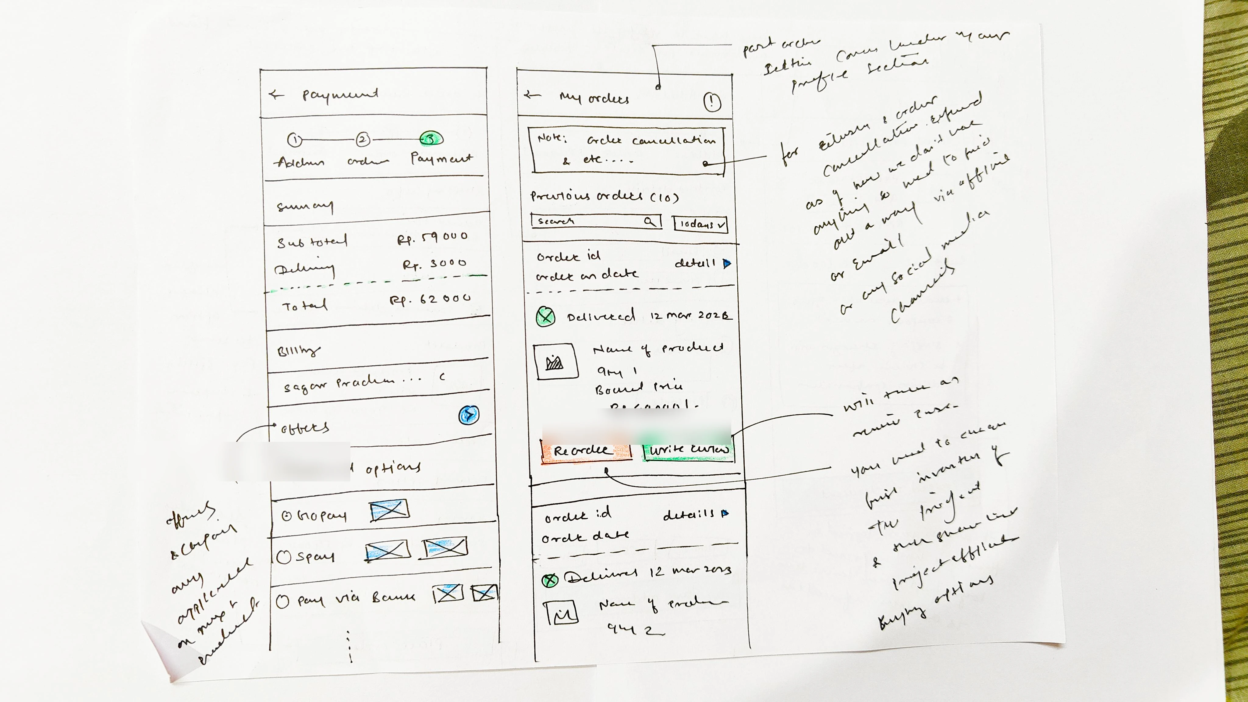 Paper sketches of payment and order history screens